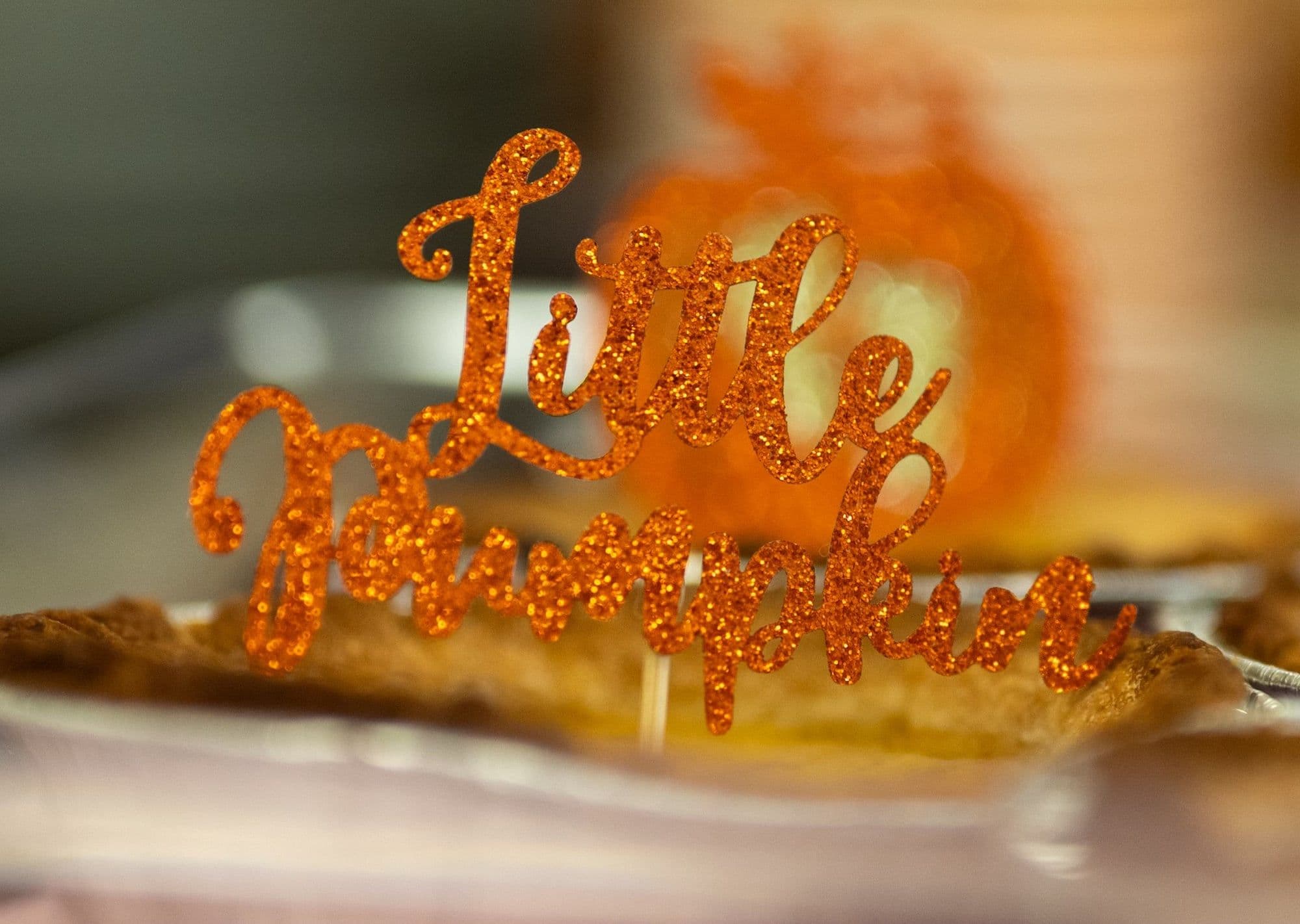 Orange glitter "Little Pumpkin" pie topper at a fall baby shower in Northwest Ohio
