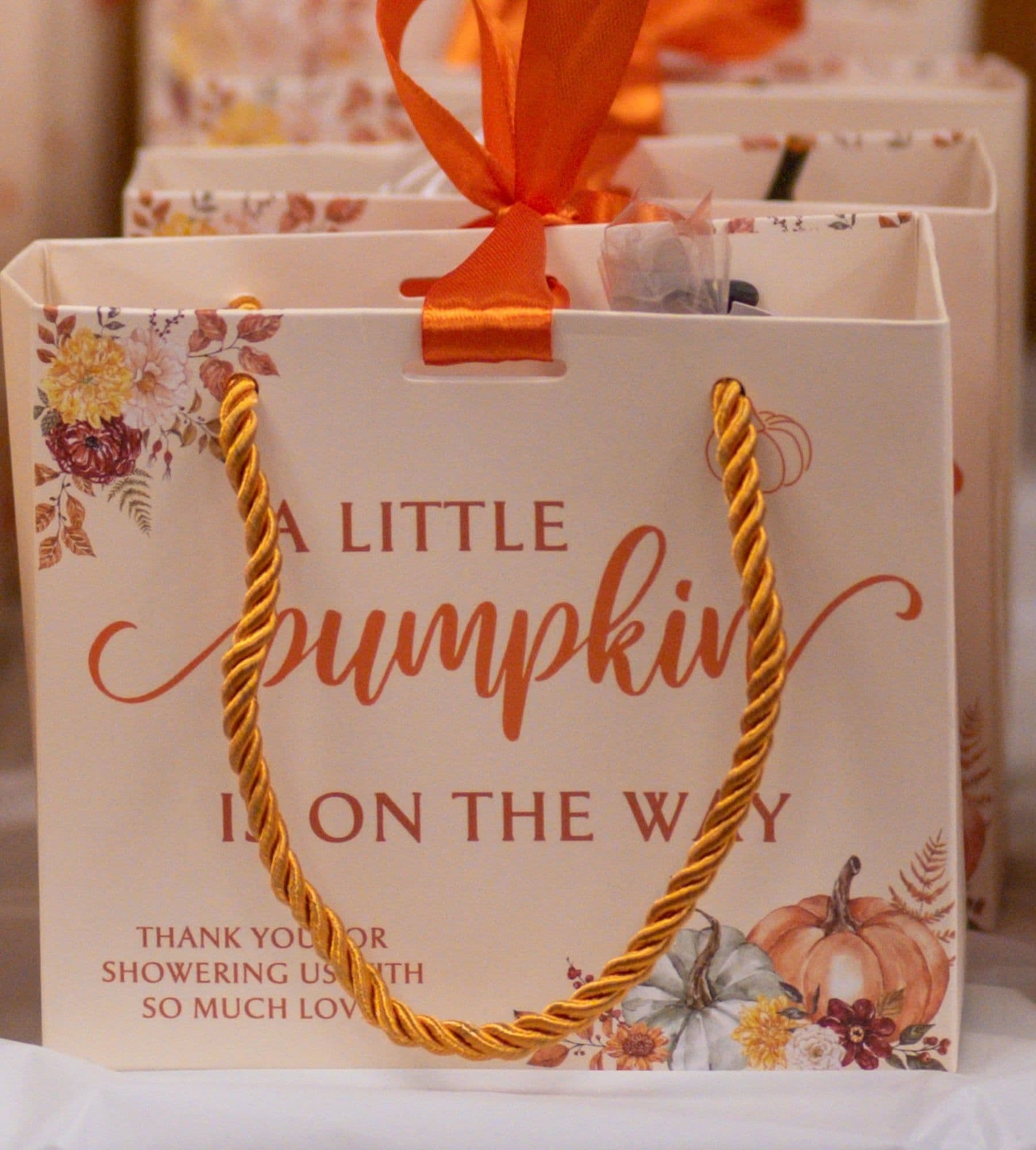 "A Little Pumpkin Is On The Way" baby shower favor bags styled by MollyBoo Events in Toledo, Ohio
